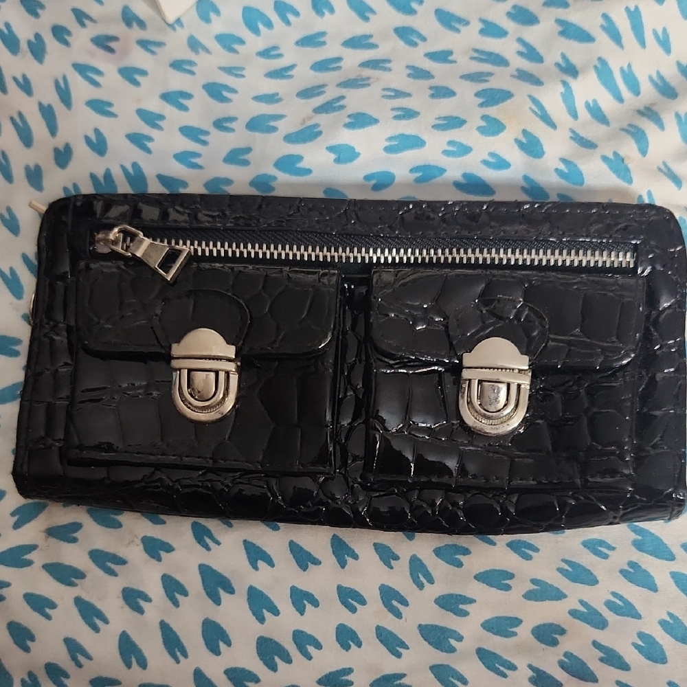 Black Croc-Embossed Wallet with Silver Hardware